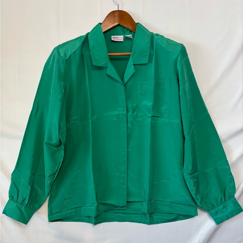VINTAGE AVON FASHIONS NIB Green Satin Blouse Size 13/14